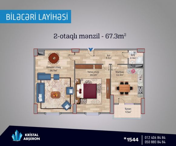 2 otaqlı mənzil aylıq 458 AZN ödənişlə!